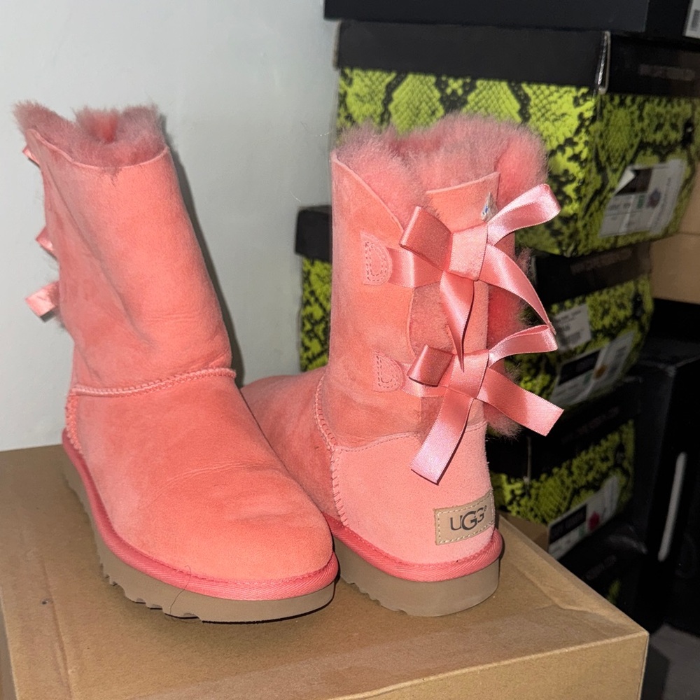 UGG Coral Shearling Boots with Satin Bows